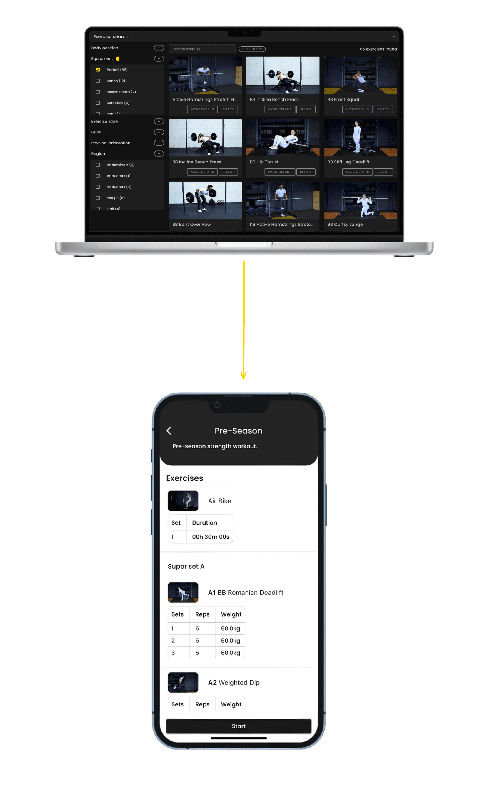 ME Fit Pro Exercise library screenshot, showing ME Fit extensive list of exercises