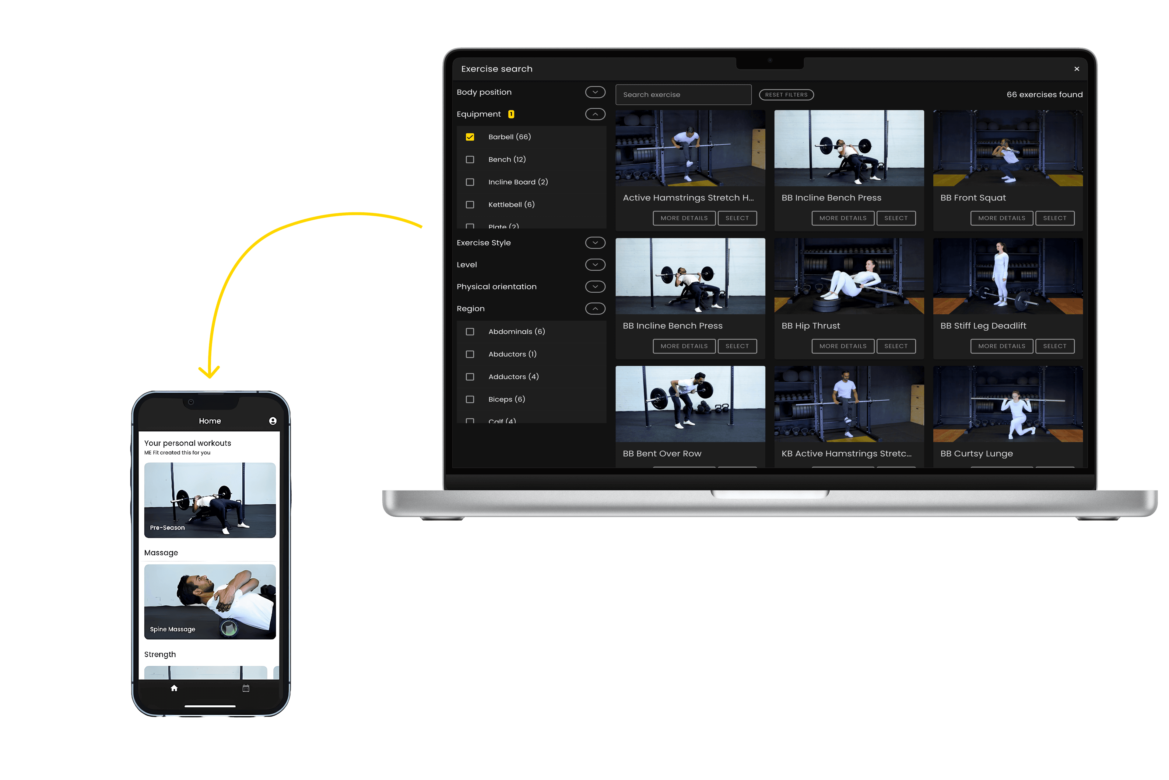 ME Fit Pro Exercise library screenshot, showing ME Fit extensive list of exercises