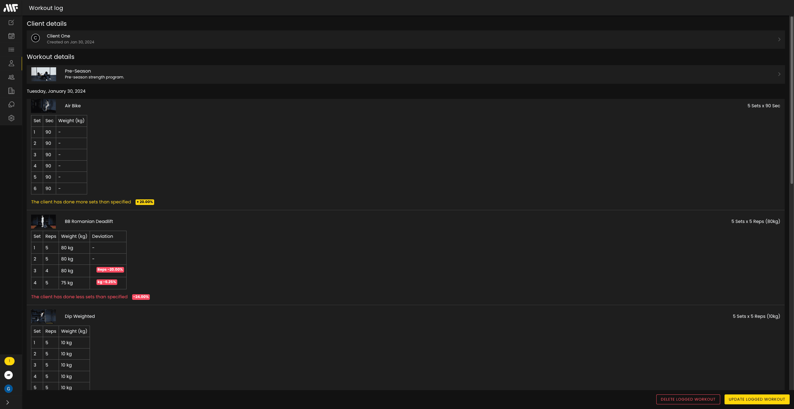 ME Fit Pro workout log screenshot showing the user interface when the user has logged something